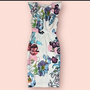 Asos Pink Floral Midi Dress Size 4 Pencil Knee Length Bridal High Neck Modest